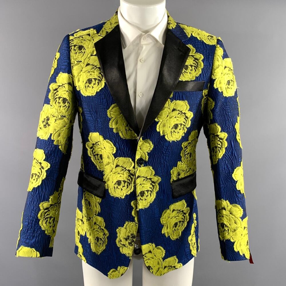 TAILORED RECREATION Chest Size 36 Blue Yellow Jacquard Tuxedo Sport Coat